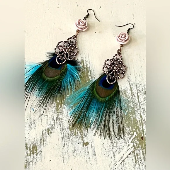 NEW!! Heart Pink Stone Necklace Peacock Earrings Set Handmade Design - Picture 7 of 15